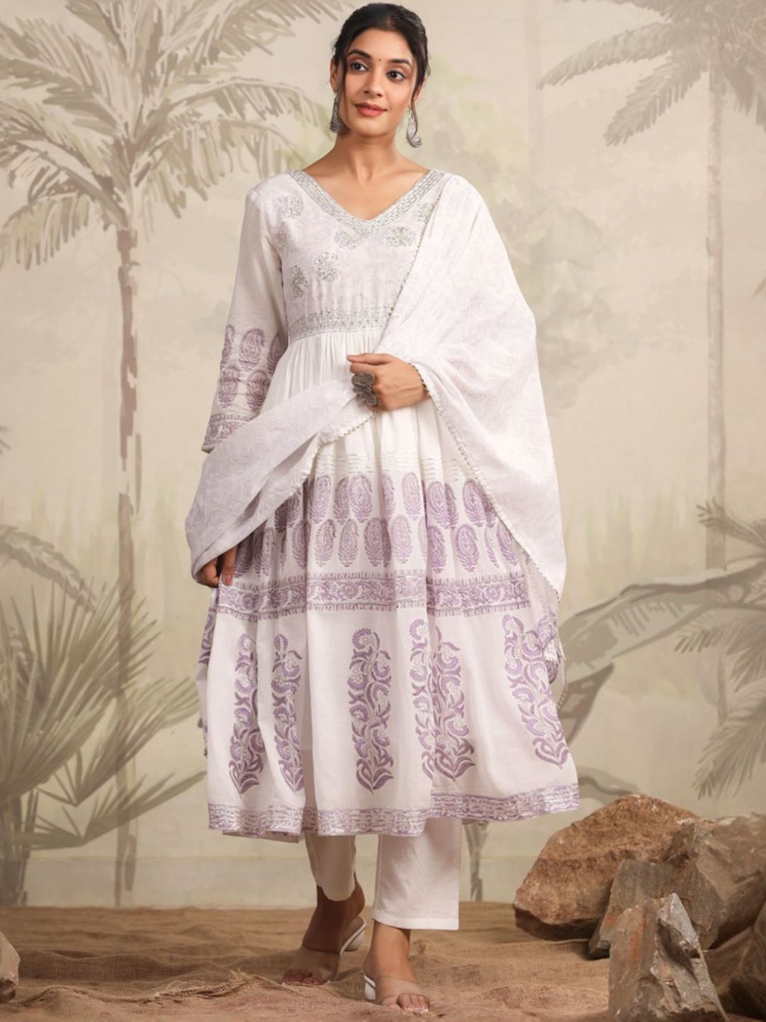 SCAKHI White & Lavender Hand-Block Printed Anarkali Kurta And Pant With Dupatta