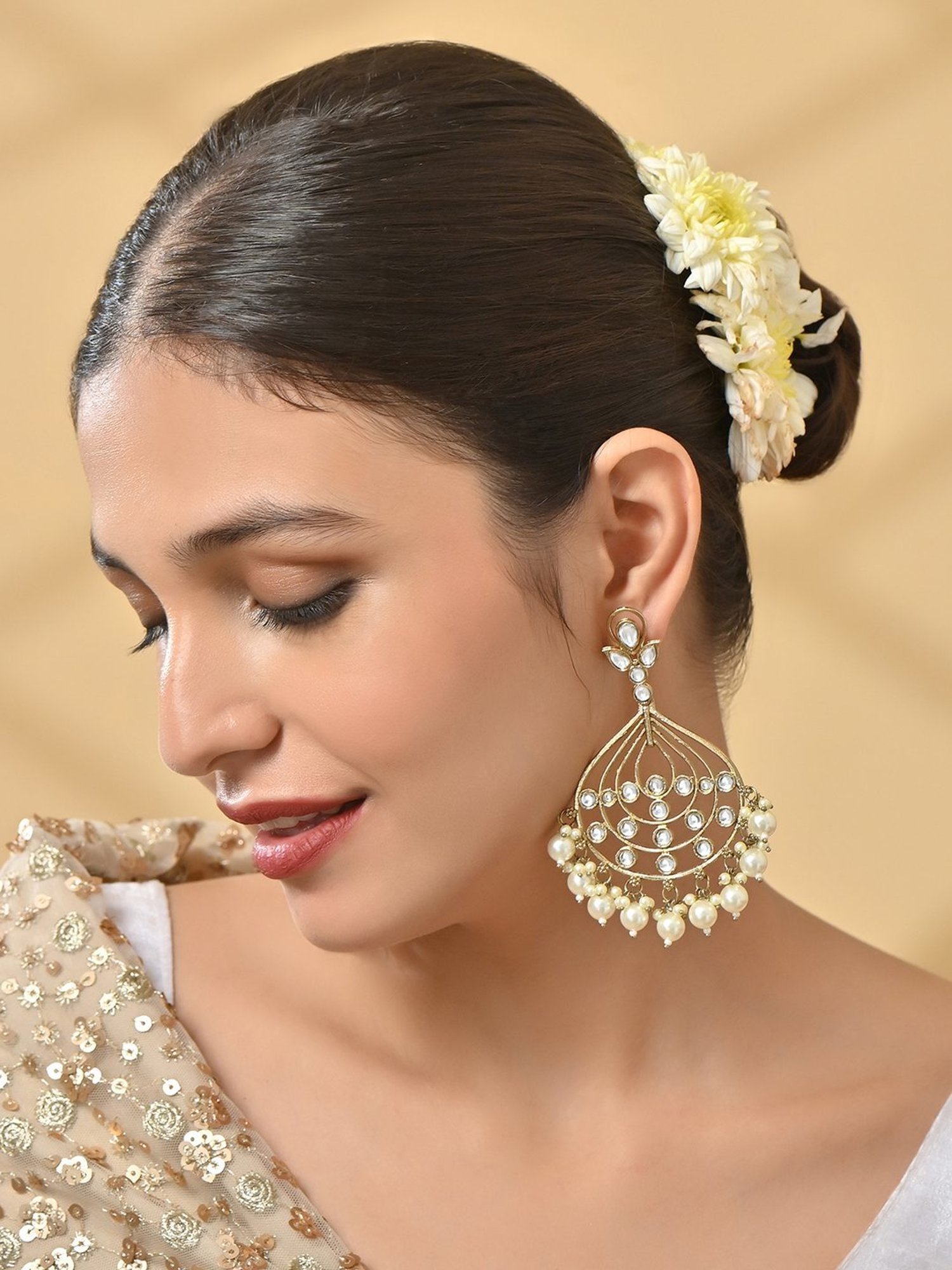 Fida Mehendi Gold & White Kundan Pearl Dangler Earrings for Women