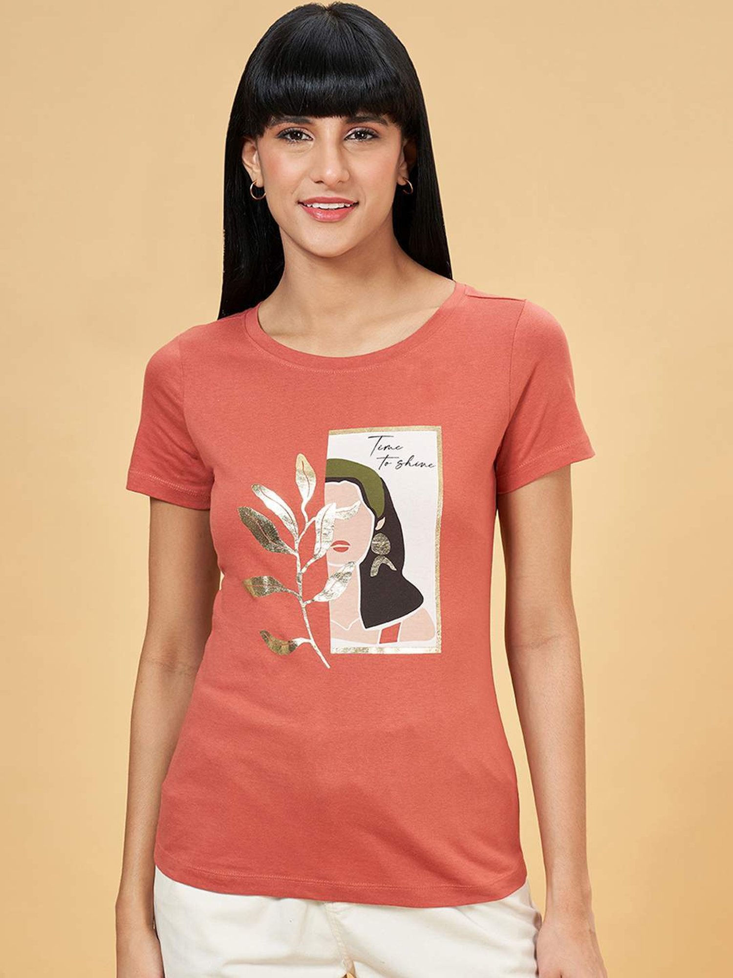 Honey by Pantaloons Rust Cotton Printed T-Shirt