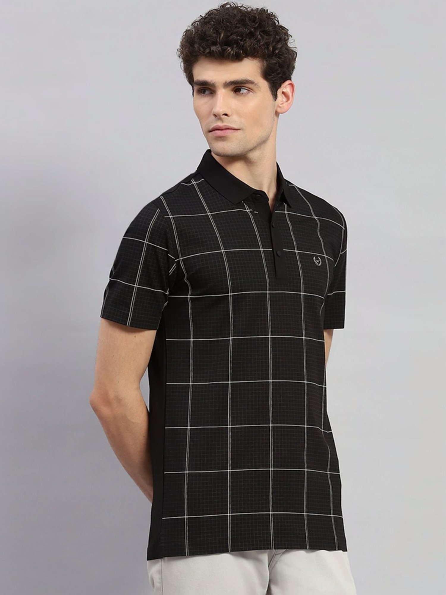 Monte Carlo Black Regular Fit Checks Polo T-Shirt