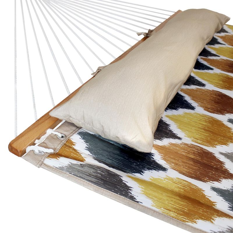 Sunnydaze Outdoor 2-Person Double Polyester Quilted Hammock with Wood Spreader Bar and 15ft Black Steel Stand - Gold and Bronze Quatrefoil