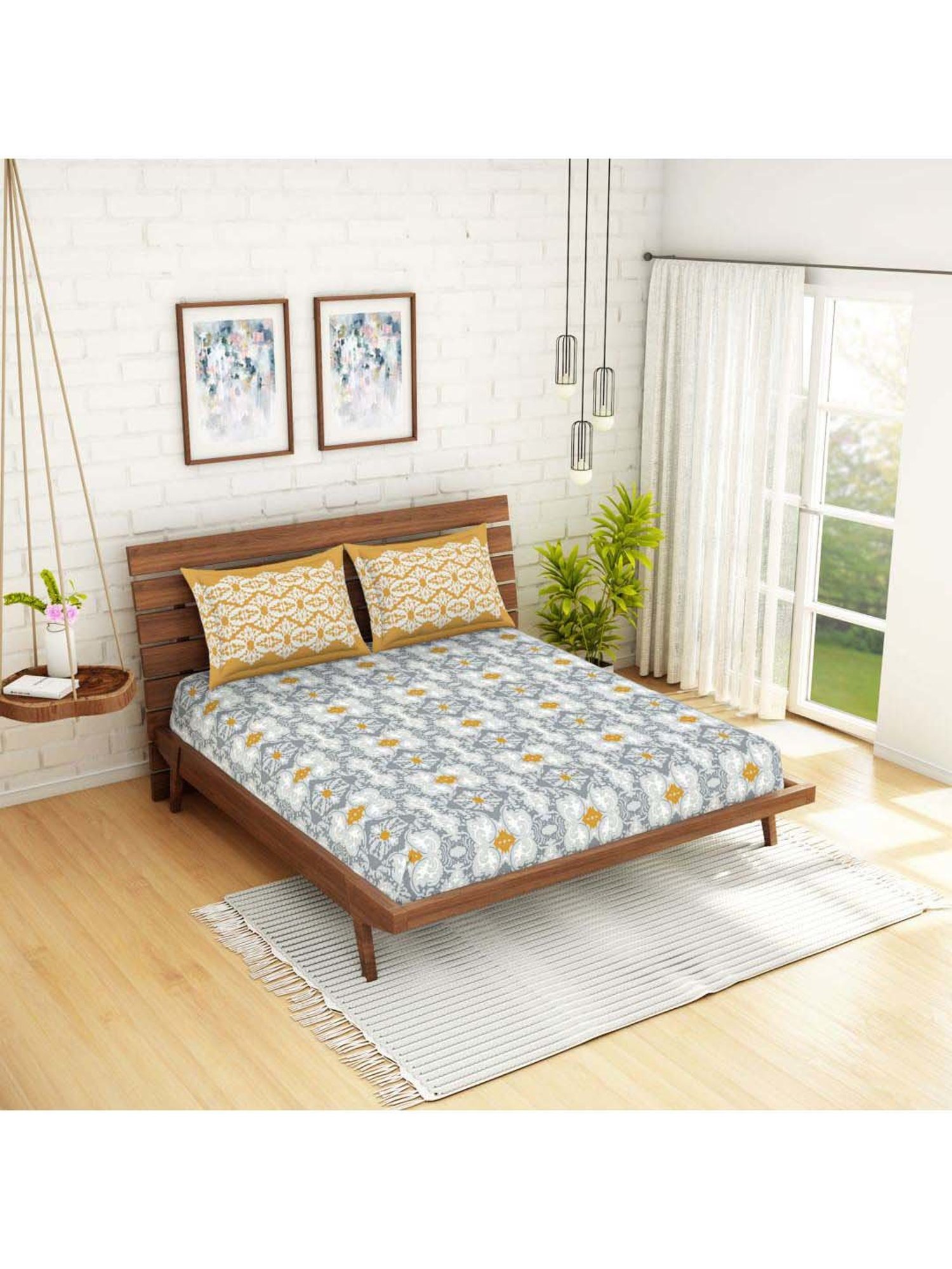 Spaces Atrium Plus Grey & Yellow Cotton 210 TC Bed Sheet Set