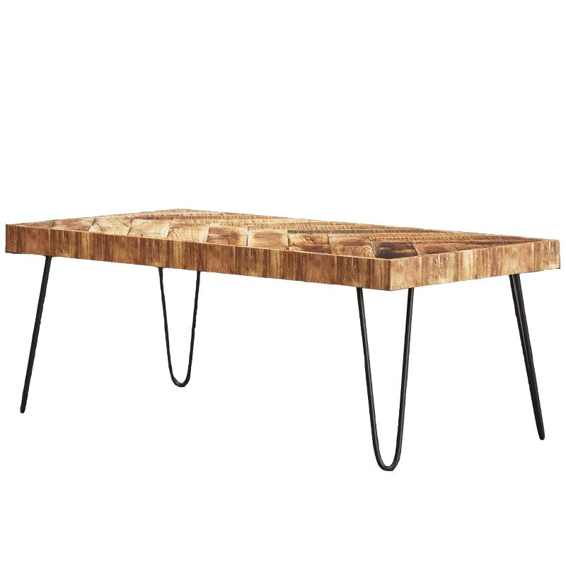 Mindful Living Rustic Farmhouse Mid Century Modern Fusion Mango Wood Top and Iron Hairpin Legs Chevron Pattern Rectangular Accent Coffee Table, Beige