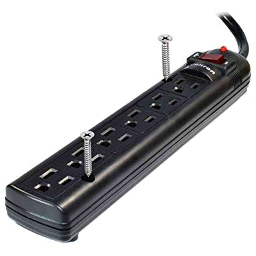THIS 6 OUTLET PLASTIC POWER STRIP HAS 750 JOULES, EMI/RFI FILTER AND A 25FT POWE