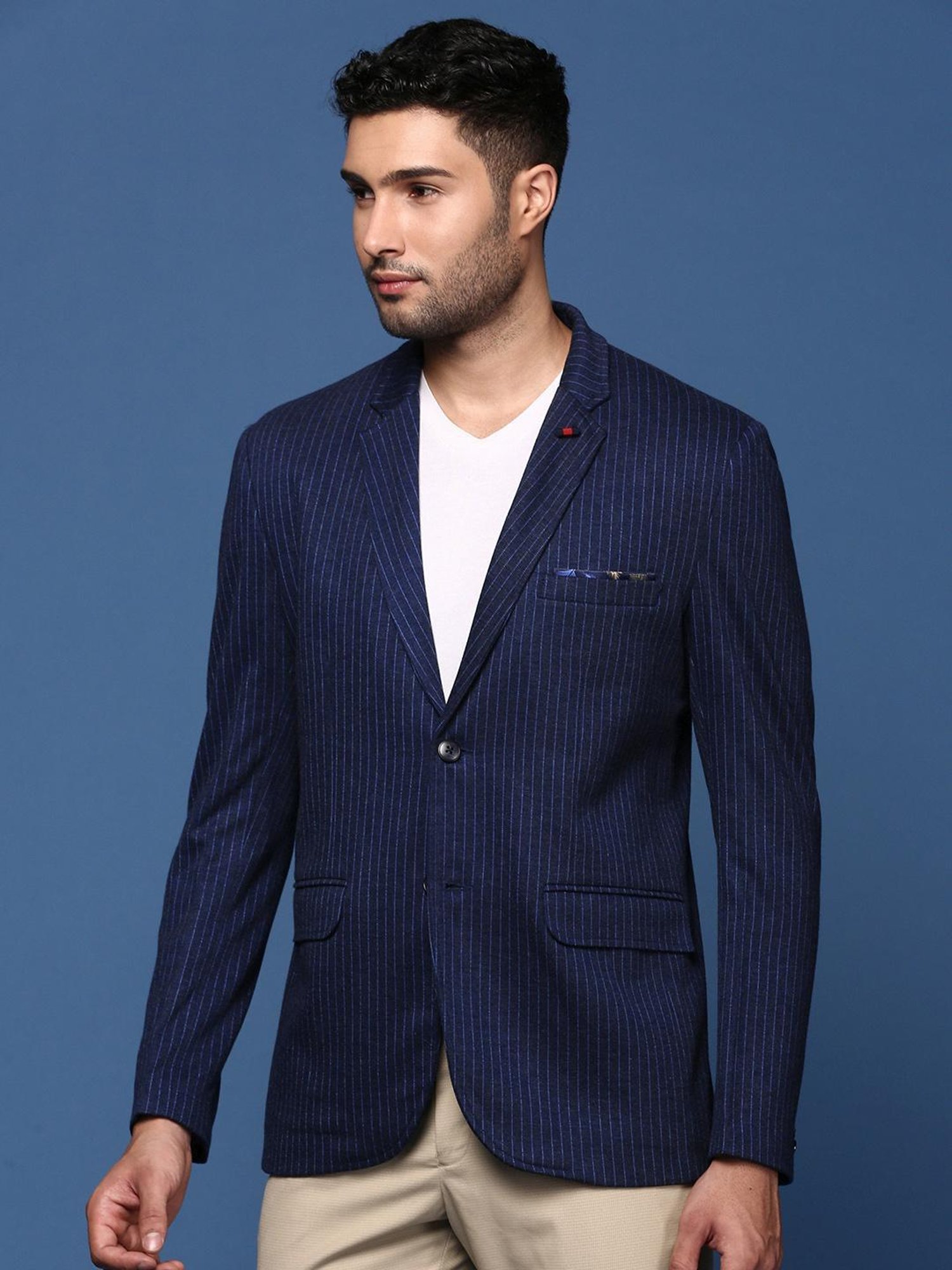 Showoff Navy Cotton Slim Fit Striped Blazer