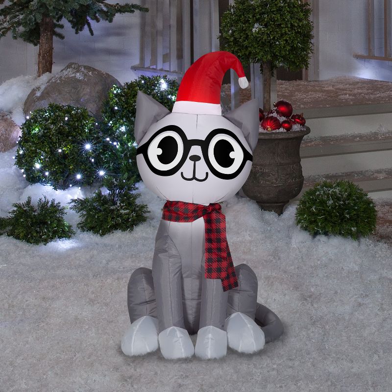 Gemmy Christmas Airblown Inflatable Nerdy Cat, 3.5 ft Tall, grey