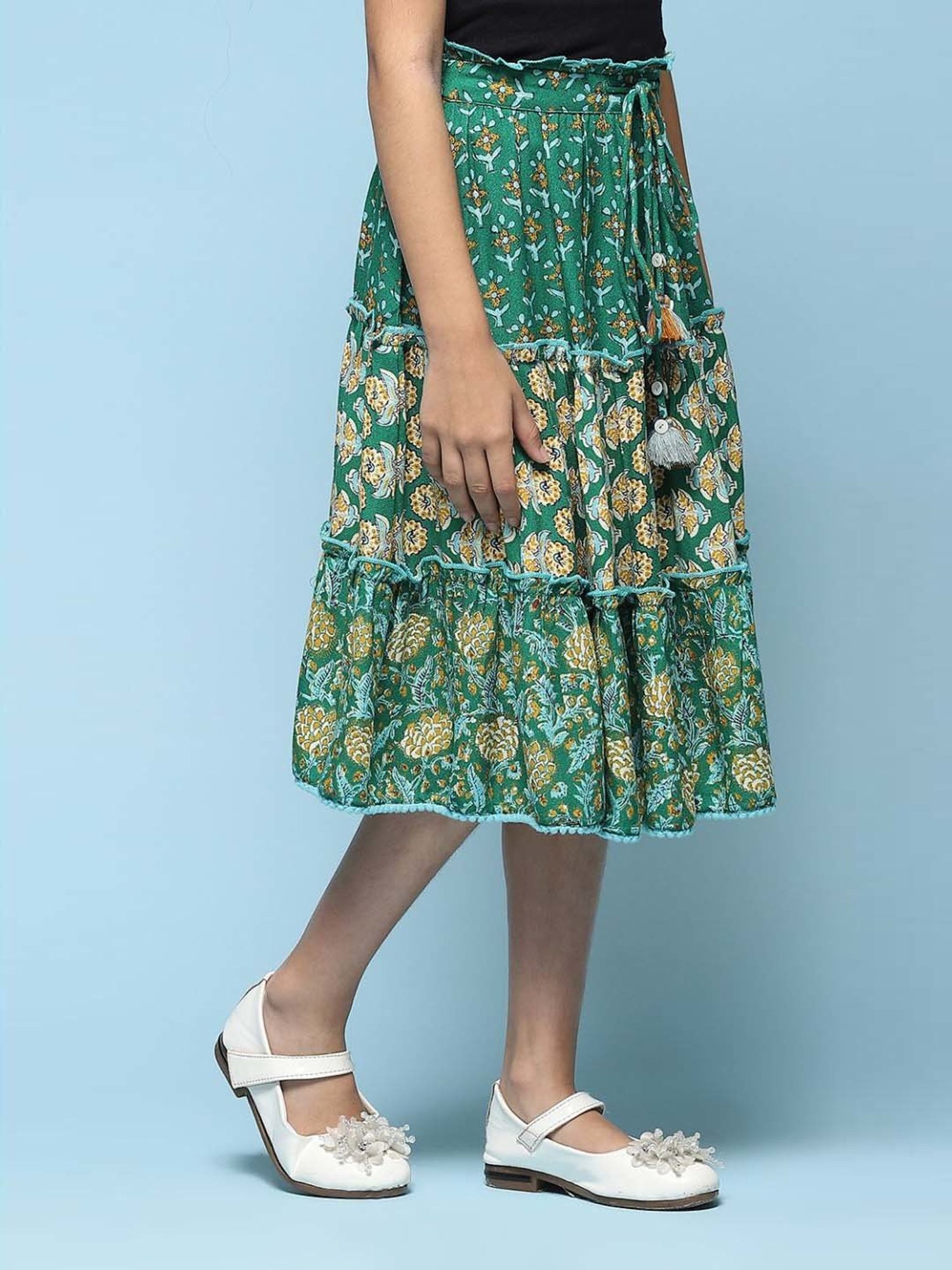 BIBA Girls Kids Green Cotton Printed Skirt
