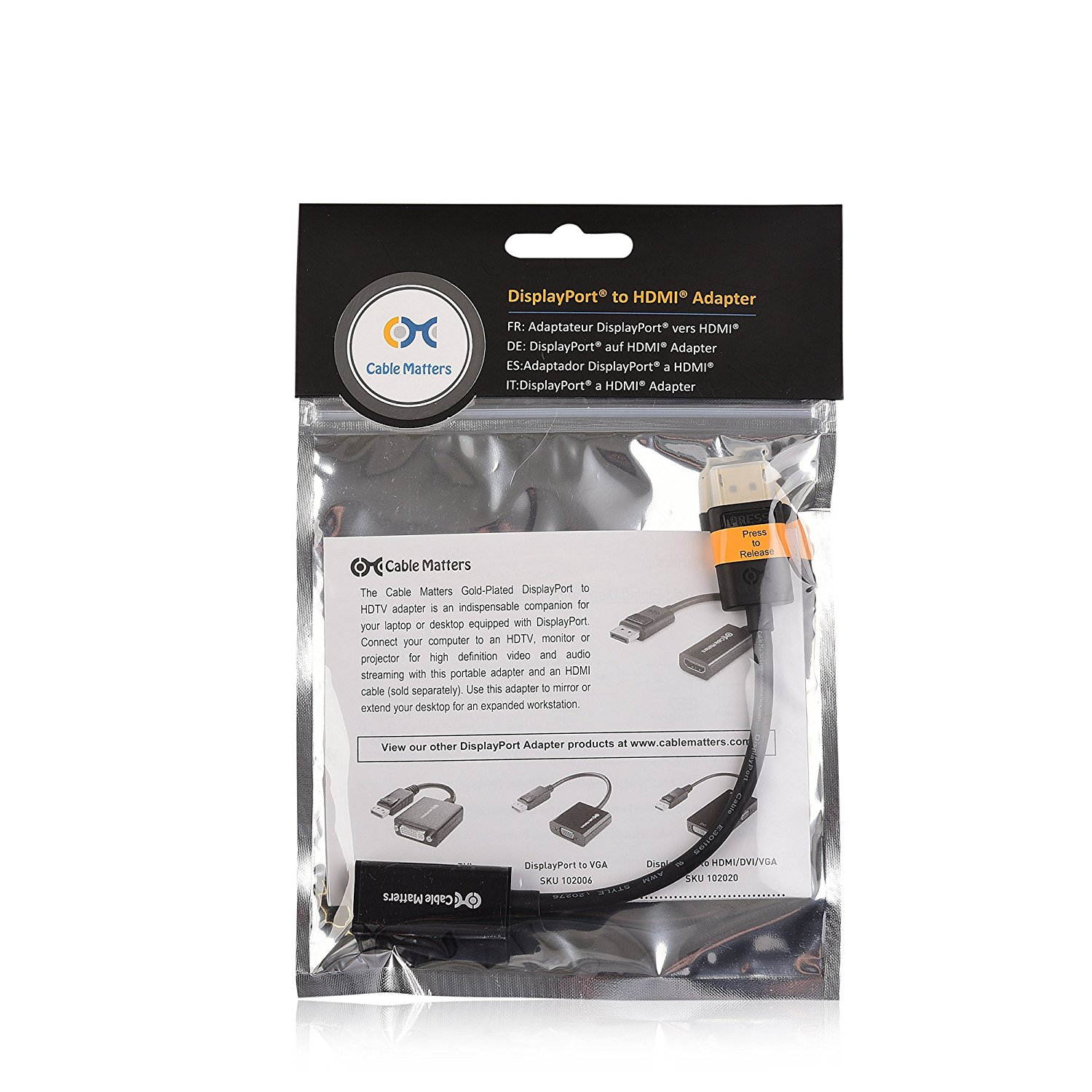 DisplayPort to HDMI Adapter (DP to HDMI Adapter),Extended Desktop or Mirrored Displays, Resolutions up to 1920x1200@60Hz / 1080P (Full HD), Gold-plated connectors, HDCP compatible