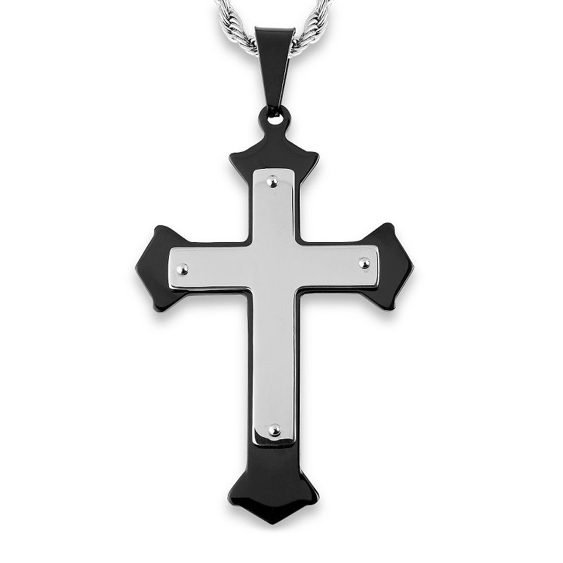 Men's West Coast Jewelry Blackplated Stainless Steel Flared Layer Cross Pendant