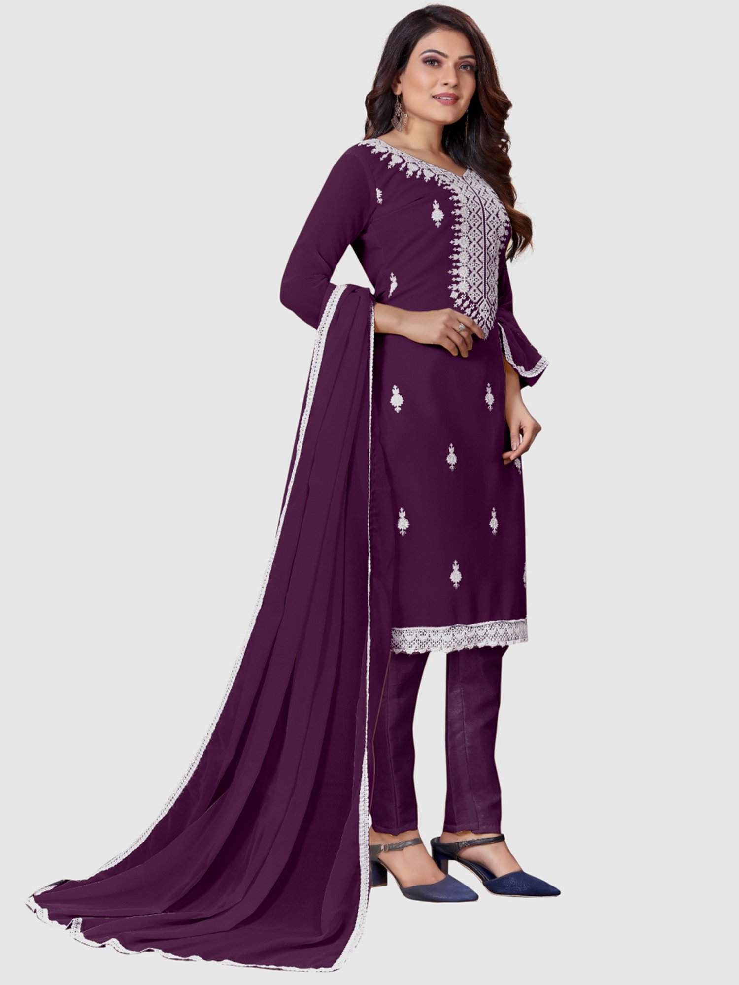 APNISHA Purple Embroidered Unstitched Dress Material