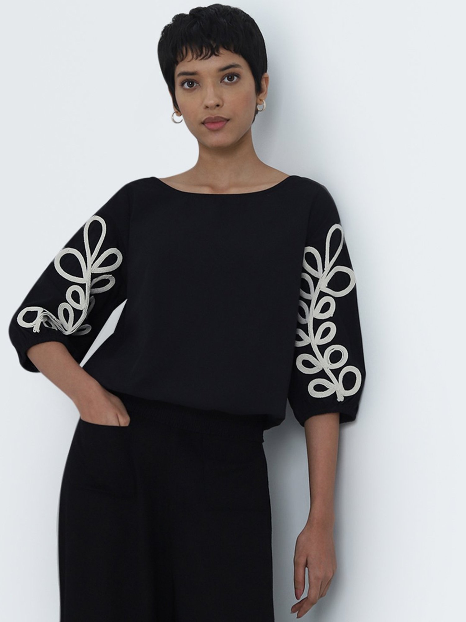LOV by Westside Black Leaf Embroidered Cotton Blouse