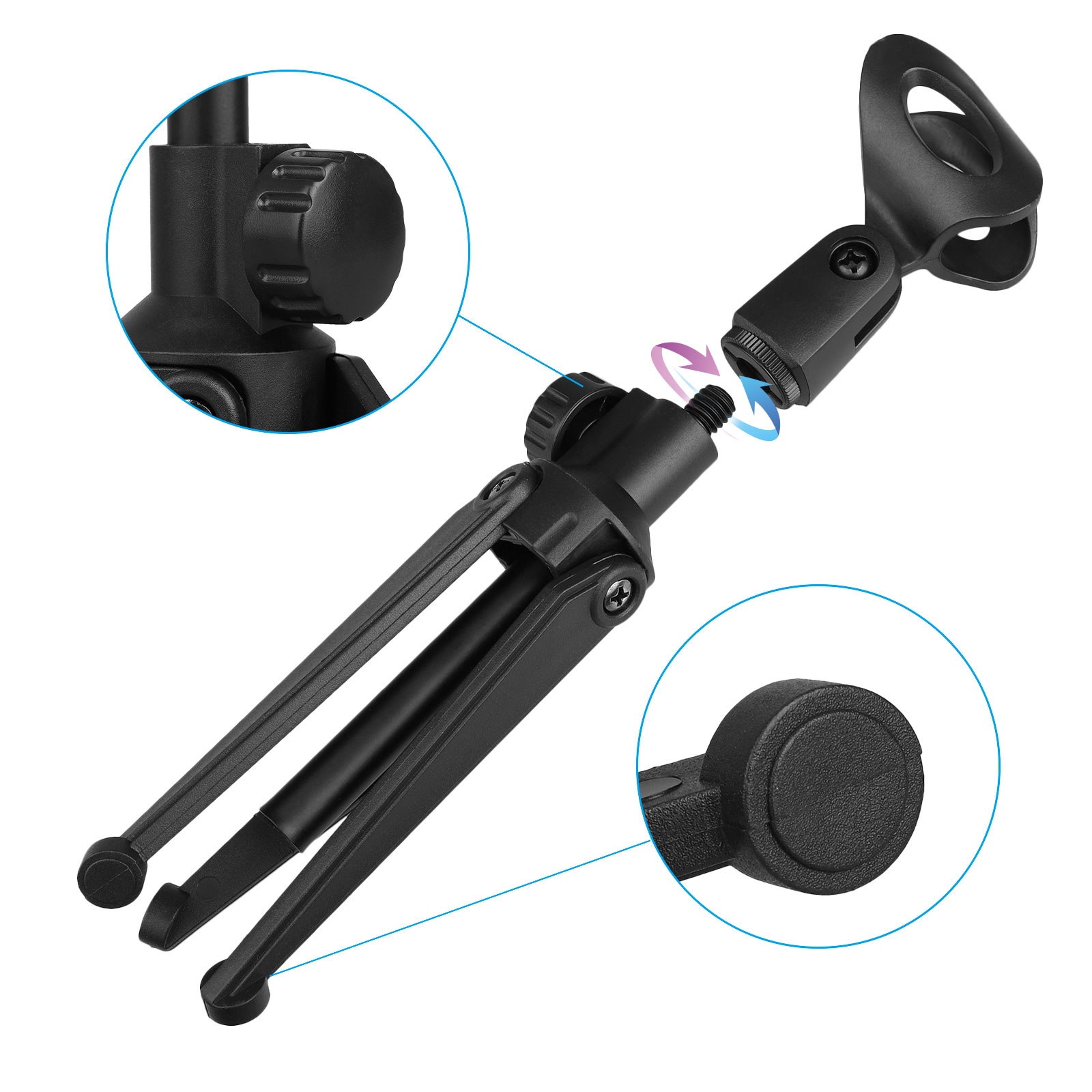 Universal Adjustable Desk Microphone Stand Portable Foldable Tripod MIC Tabletop Stand with Small Plastic Microphone Clip