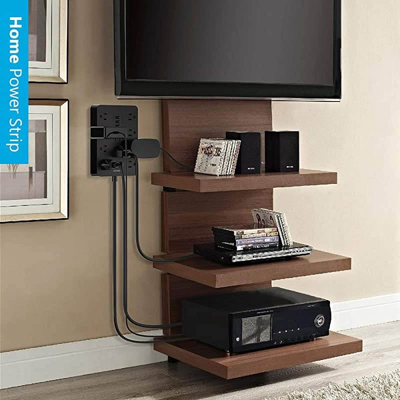 Surge Protector with USB  Power Strip Flat Plug with 10 Widely Spaced AC Outlets and 3 Charging Ports 1875W 15A 5FT 1700 Joules Wall Mount Extension Cord for Home and Office Black