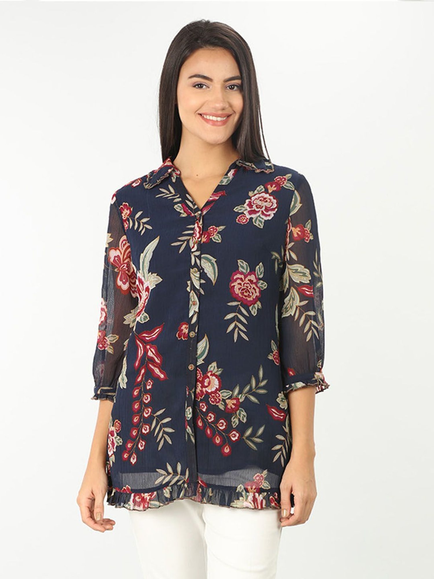 Mustard Navy Floral Print Shirt