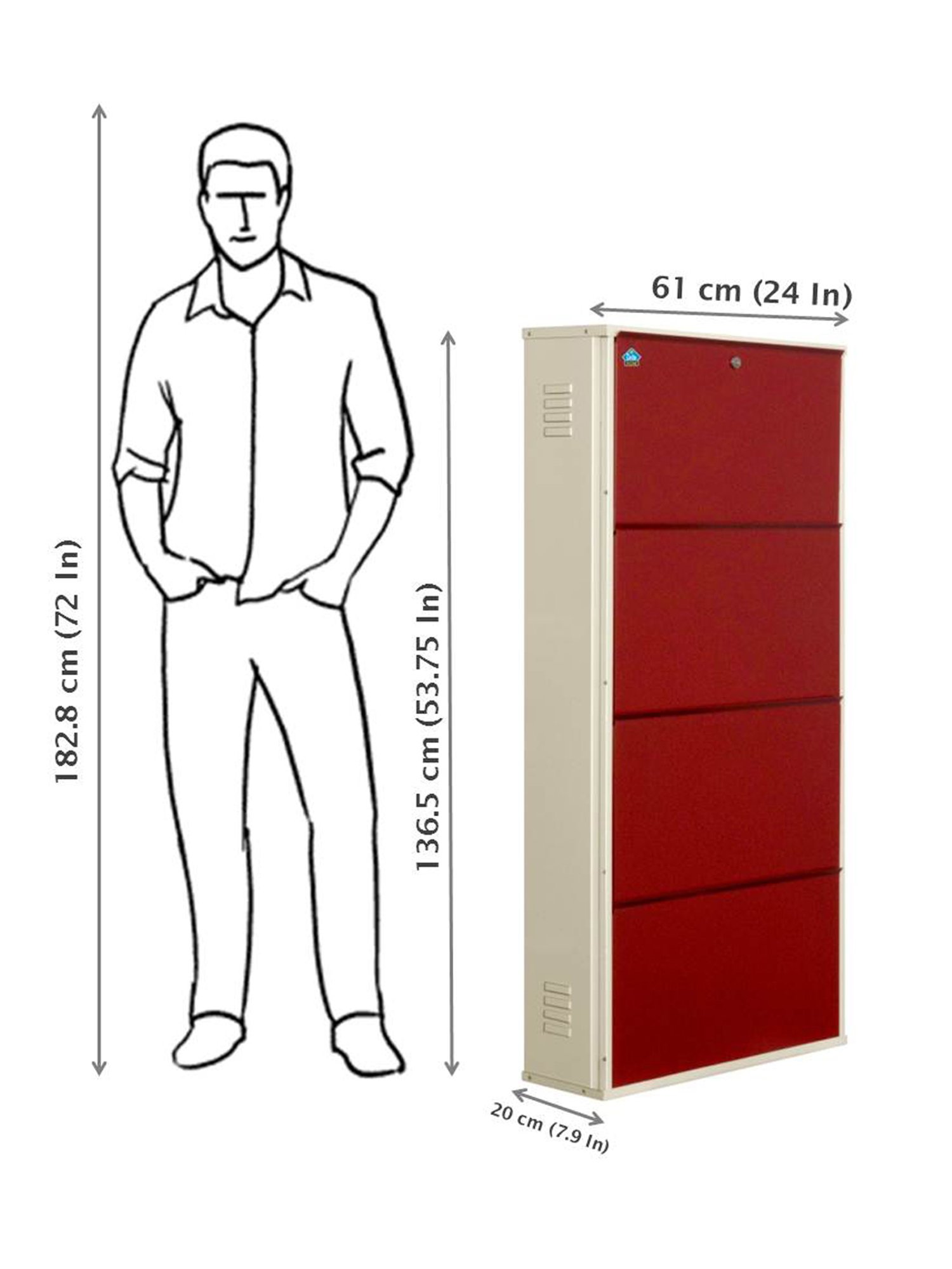Delite Kom Metal Shoe Rack - 24" 8 Shelf, Double Decker, Ivory BrickRed, PowderCoat, Wall Mount, DIY