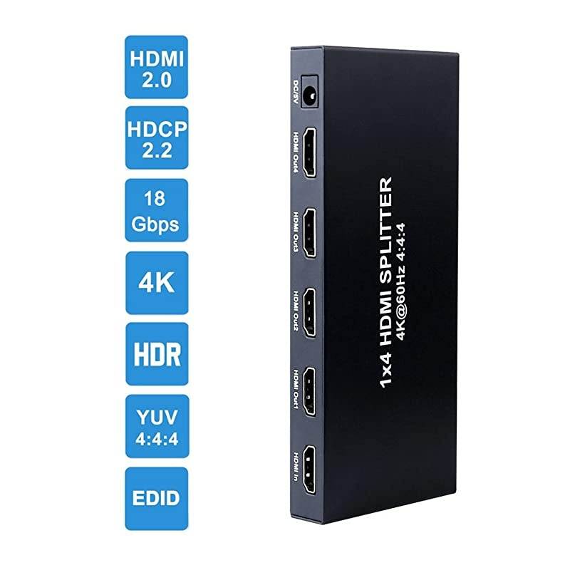 1x4 HDMI Splitter 4K 60hz 4:4:4 HDR 18Gbps HDCP 2.2 EDID 3D 1 in 4 Out HDMI 2.0 High Speed UHD Video Box for Duplicate Multiple Monitor Sharing Computer Screen