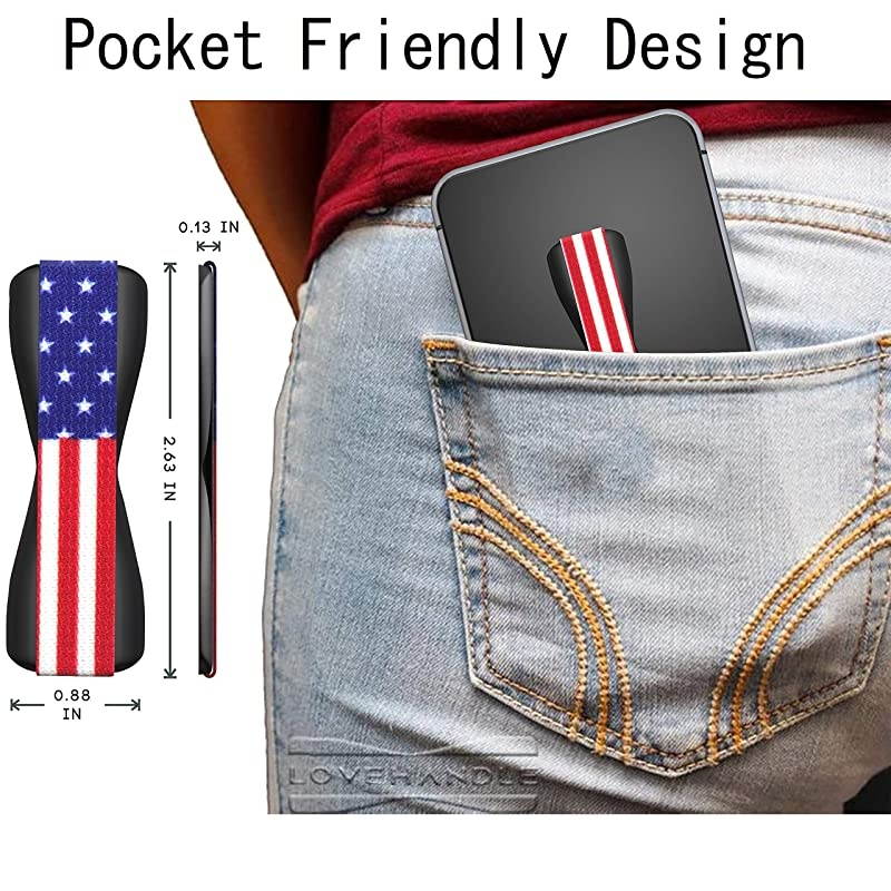 Phone Grip for Most Smartphones and Mini Tablets, USA Flag Design Colored Elastic Strap with Black Base, LH-01USAFlagBlk