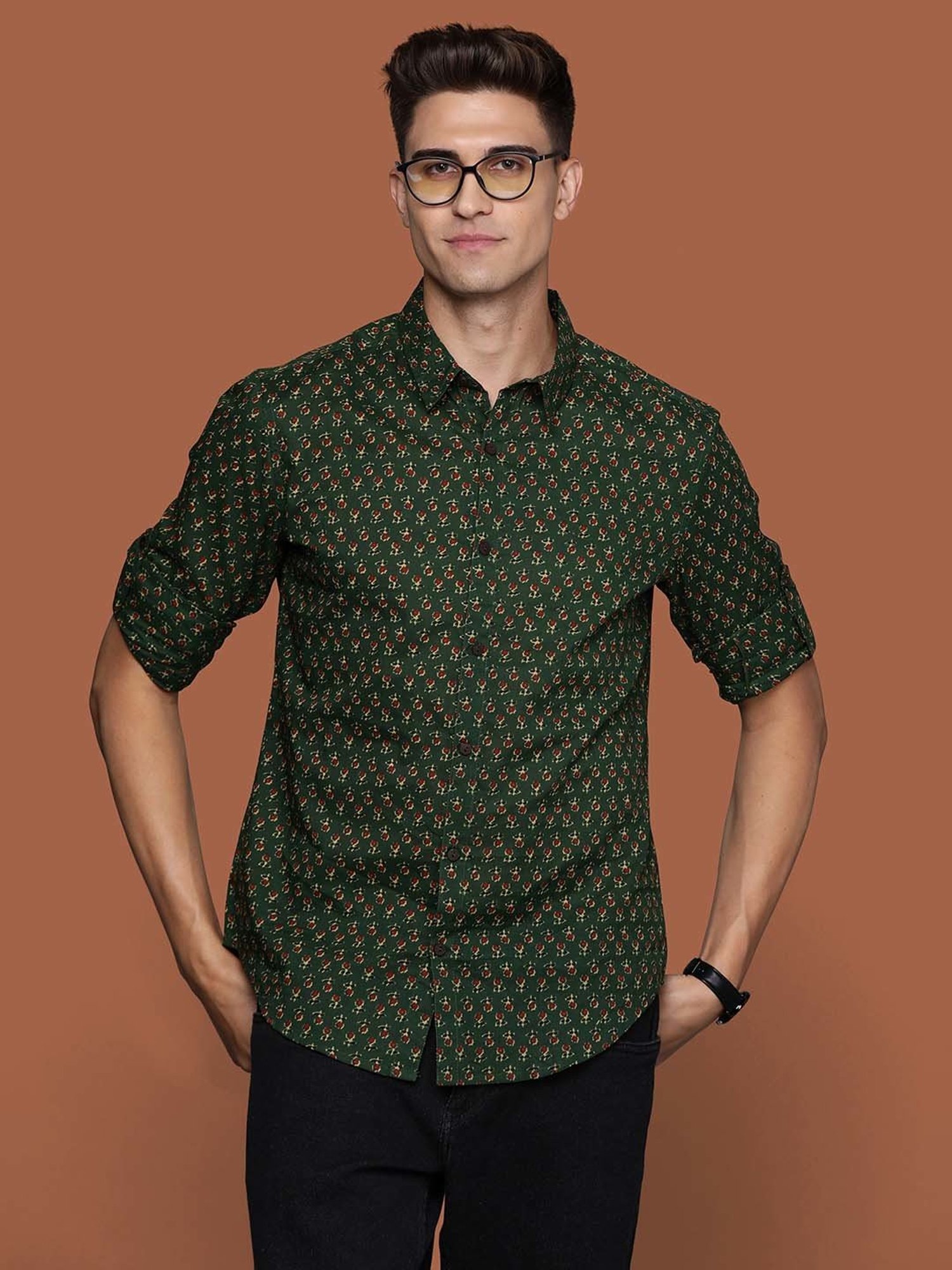 Indo Era Green Regular Fit Printed Ethnic Shirt