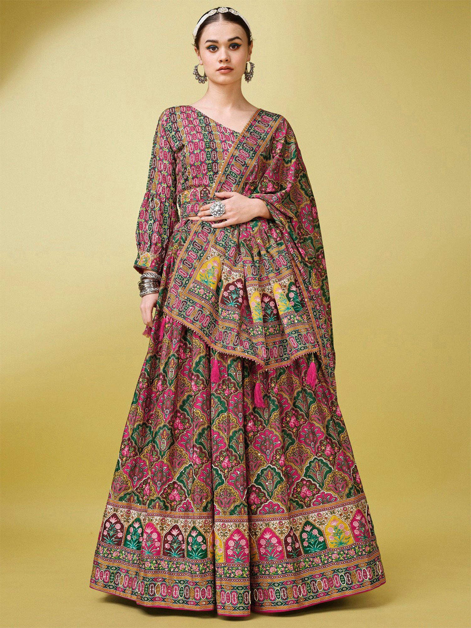PURVAJA Deep Pink Printed Semi Stitched Lehenga & Unstitched Blouse With Dupatta