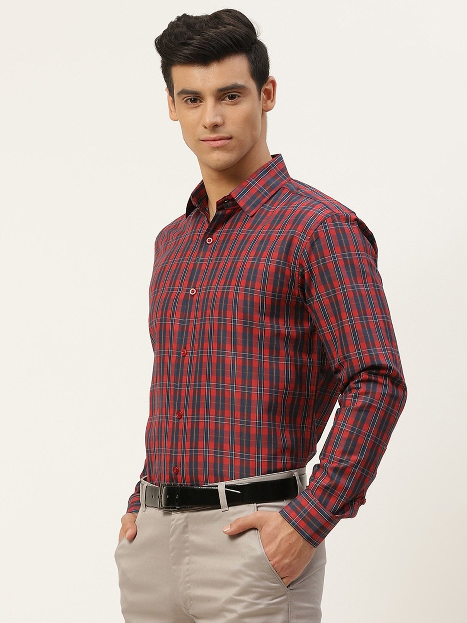 Sojanya Red & Navy Cotton Regular Fit Checks Shirt