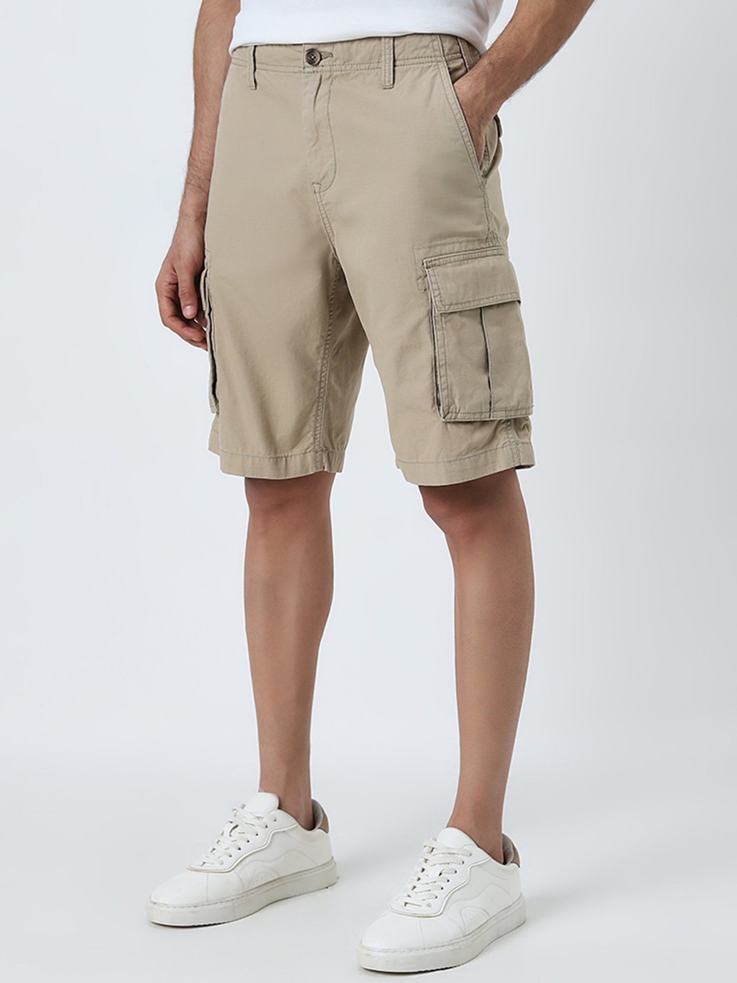 WES Casuals by Westside Khaki Relaxed-Fit Mid-Rise Cotton Cargo Shorts