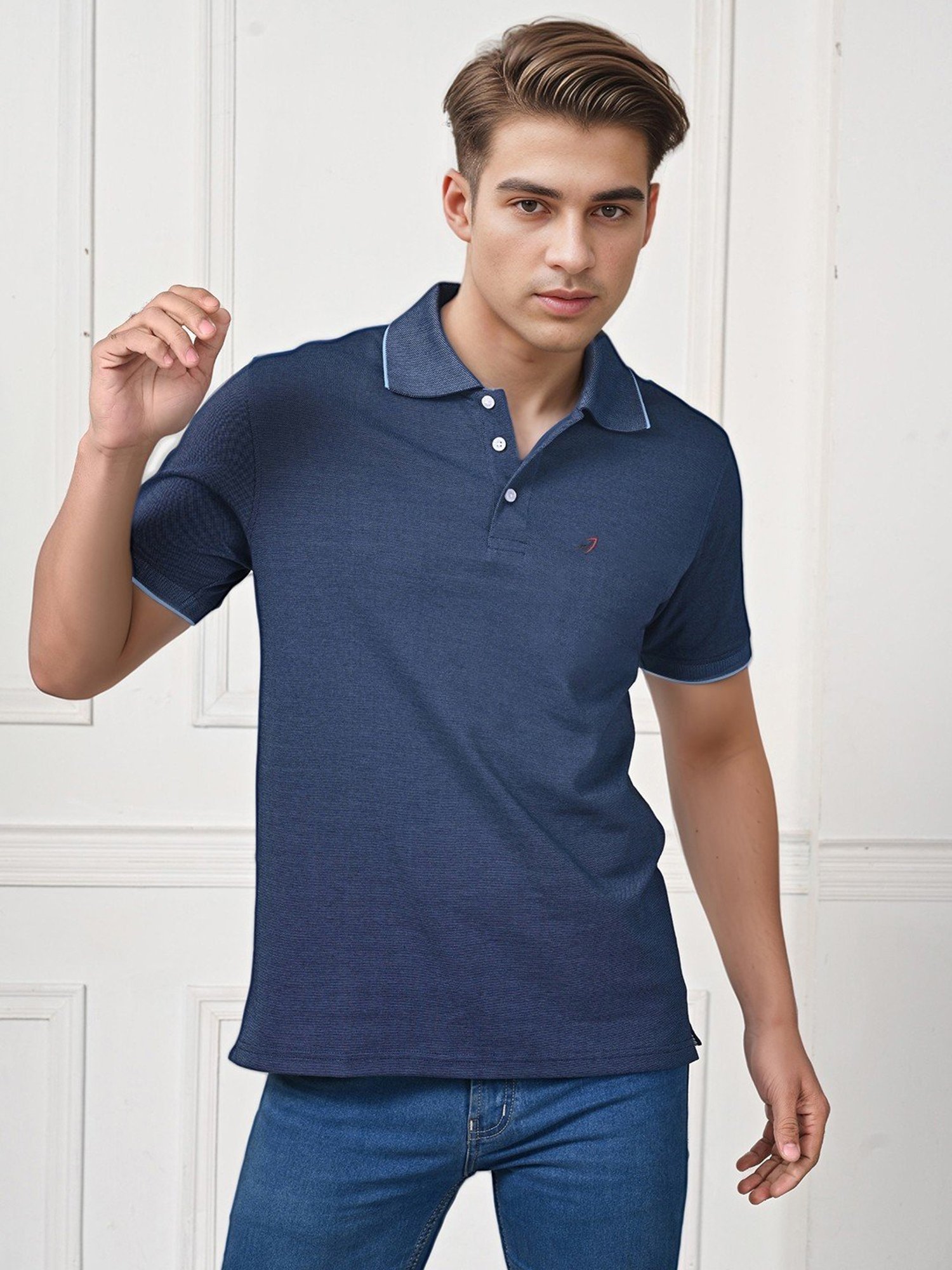 Lux Nitro Denim Blue Cotton Regular Fit Texture Polo T-Shirt