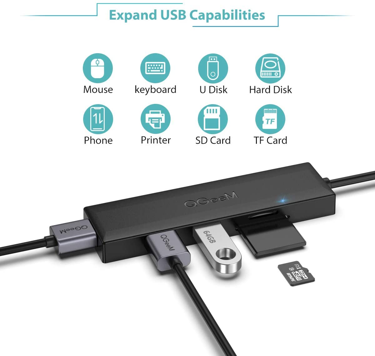 USB 3.0 Hub, QGeeM 5 in 1 USB Hub for Laptop 2.5Ft Extended Cable Hub 5-Port USB 3.0&SD&TF Card Reader Hub Compatible with MacBook Air, MacBook,iMac, Surface Pro, Ultra-Slim Data USB Hub
