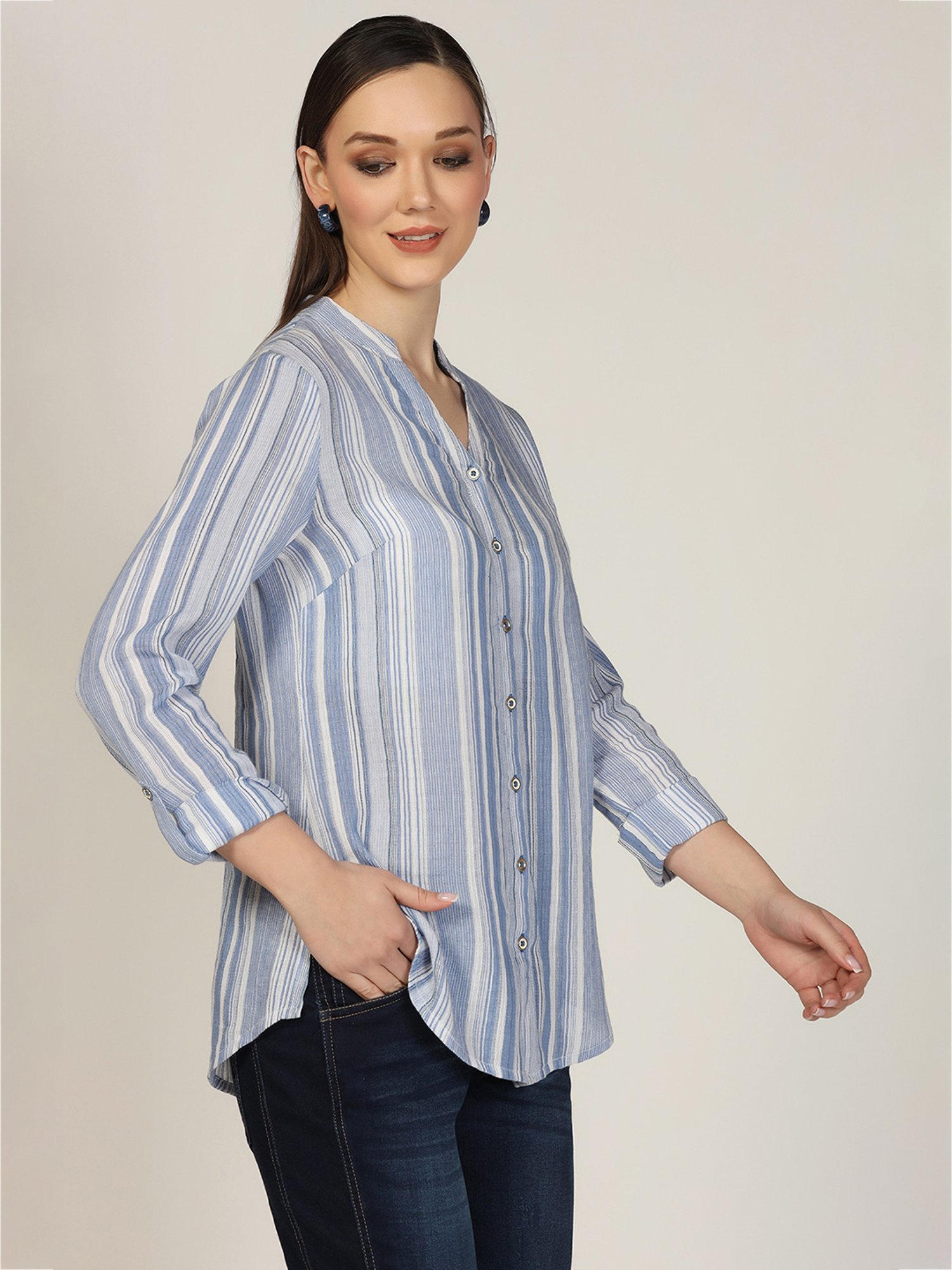 Mustard White & Blue Striped Shirt