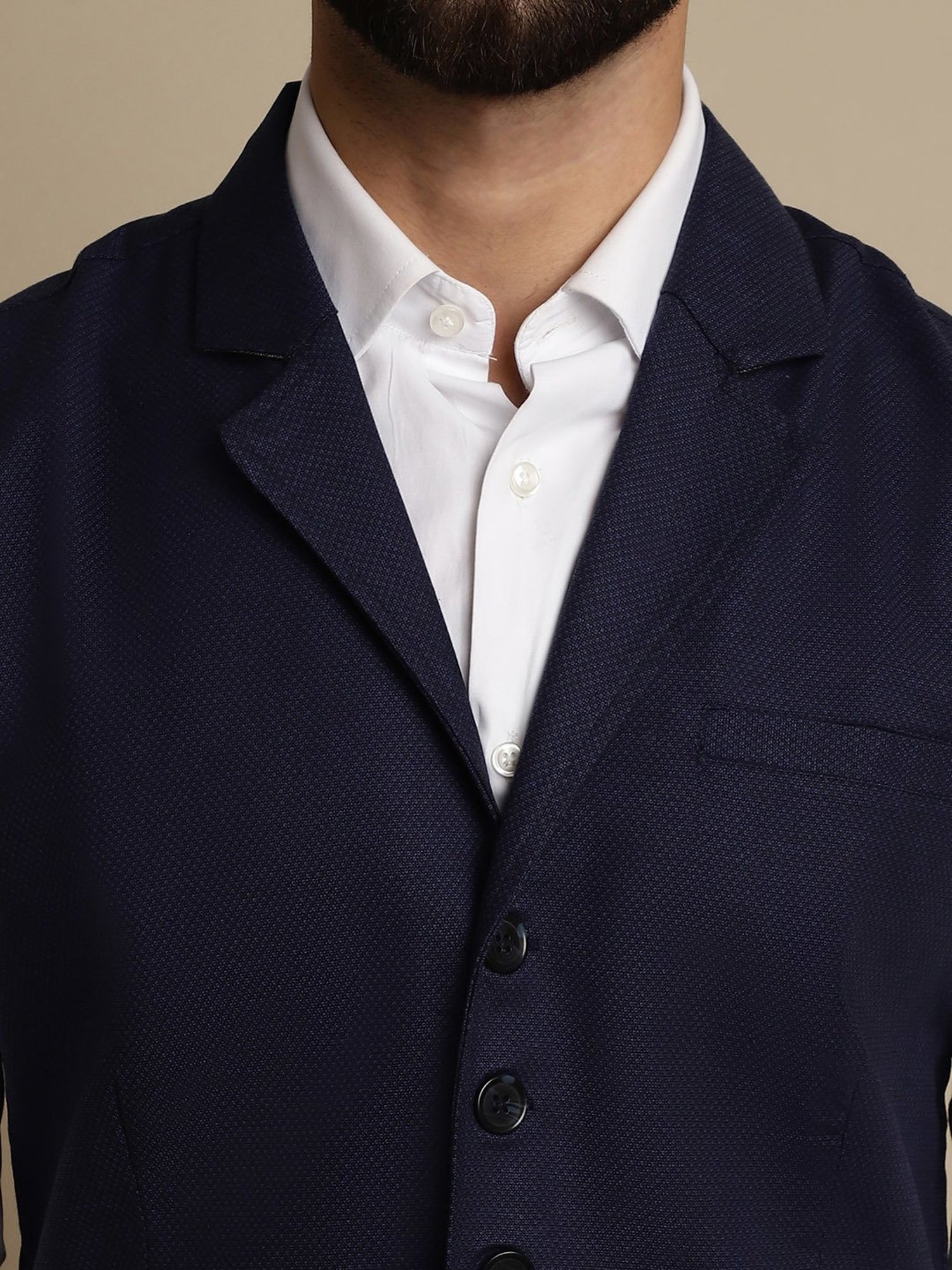 Even Navy Regular Fit Self Design Notch Lapel Waistcoat