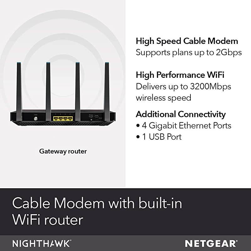 Nighthawk Cable Modem WiFi Router Combo (C7800) - Compatible with Cable Providers Including Xfinity by Comcast, Cox, Spectrum AC3200 WiFi Speed | DOCSIS 3.1 (Renewed)