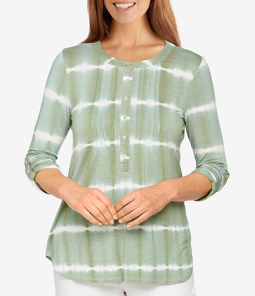 Ruby Rd. Tie-Dye Slub Knit 3/4 Roll-Tab Sleeve Pleat Front Detail Top