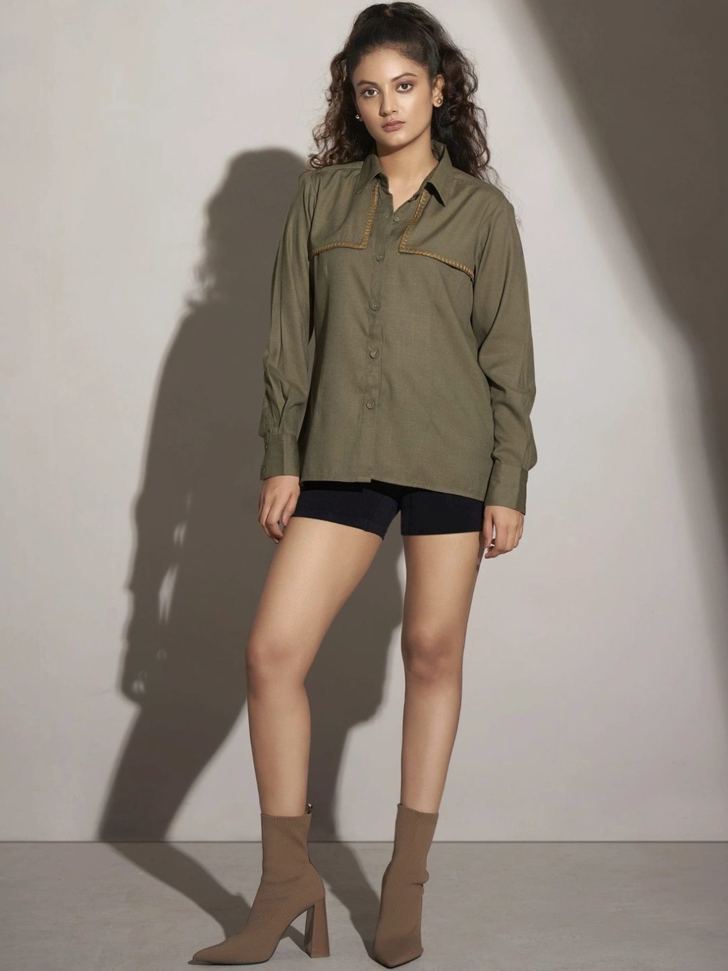 Kaftanize Green Linen Fornt Panel Shirt with Thread Work Embroidery