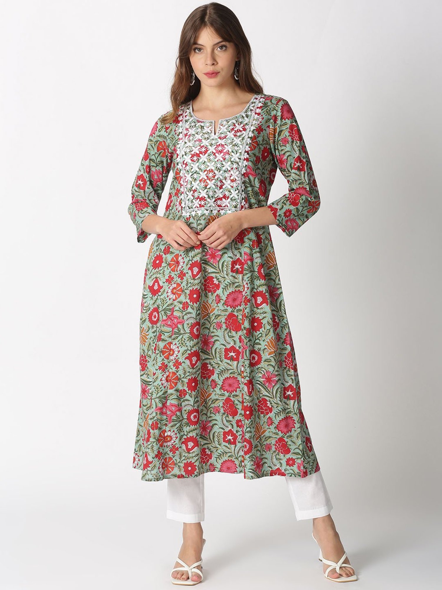 Saffron Threads Green Printed A Line Kurta