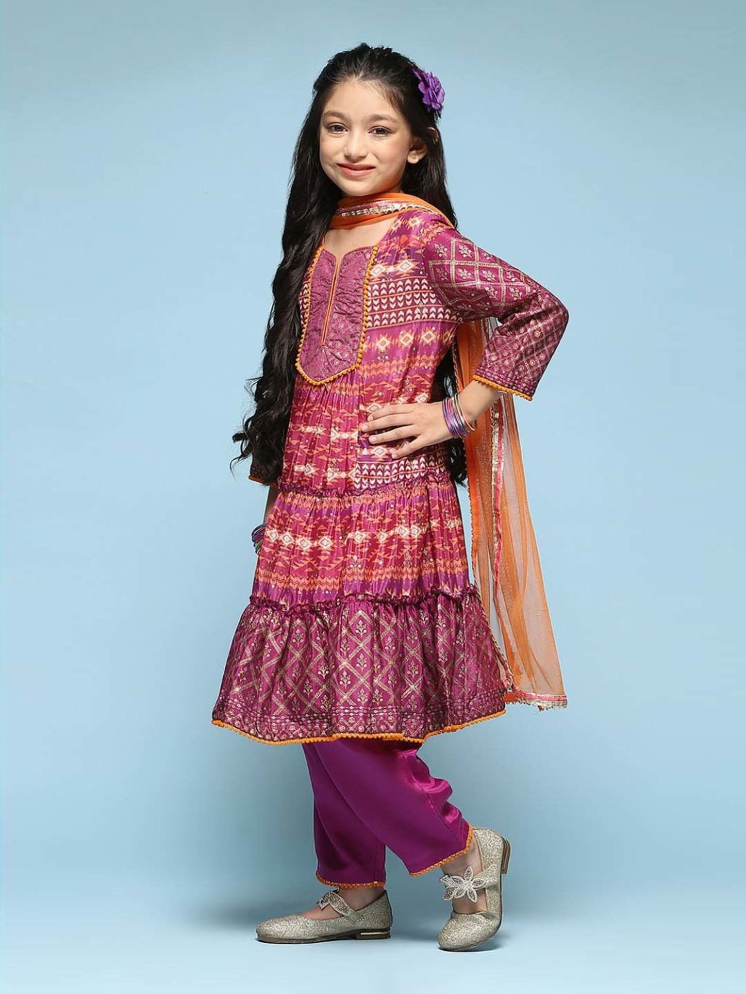BIBA Girls Kids Purple Cotton Printed Kurta Set