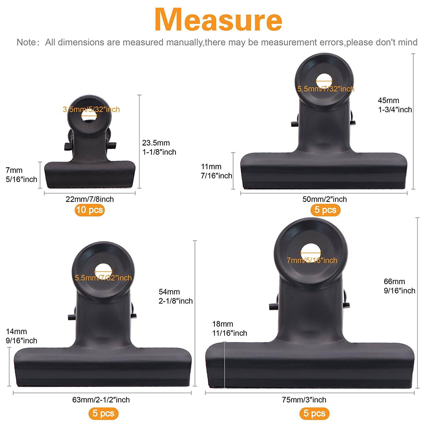 25pcs Black Bulldog Binder Paper Clips/Metal Hinge Clip File Clamps for Crafts, Food Bags, Drawings, Photos at Home Kitchen & Office Useage 4 Sizes 7/8" 2" 2-1/2" 3"