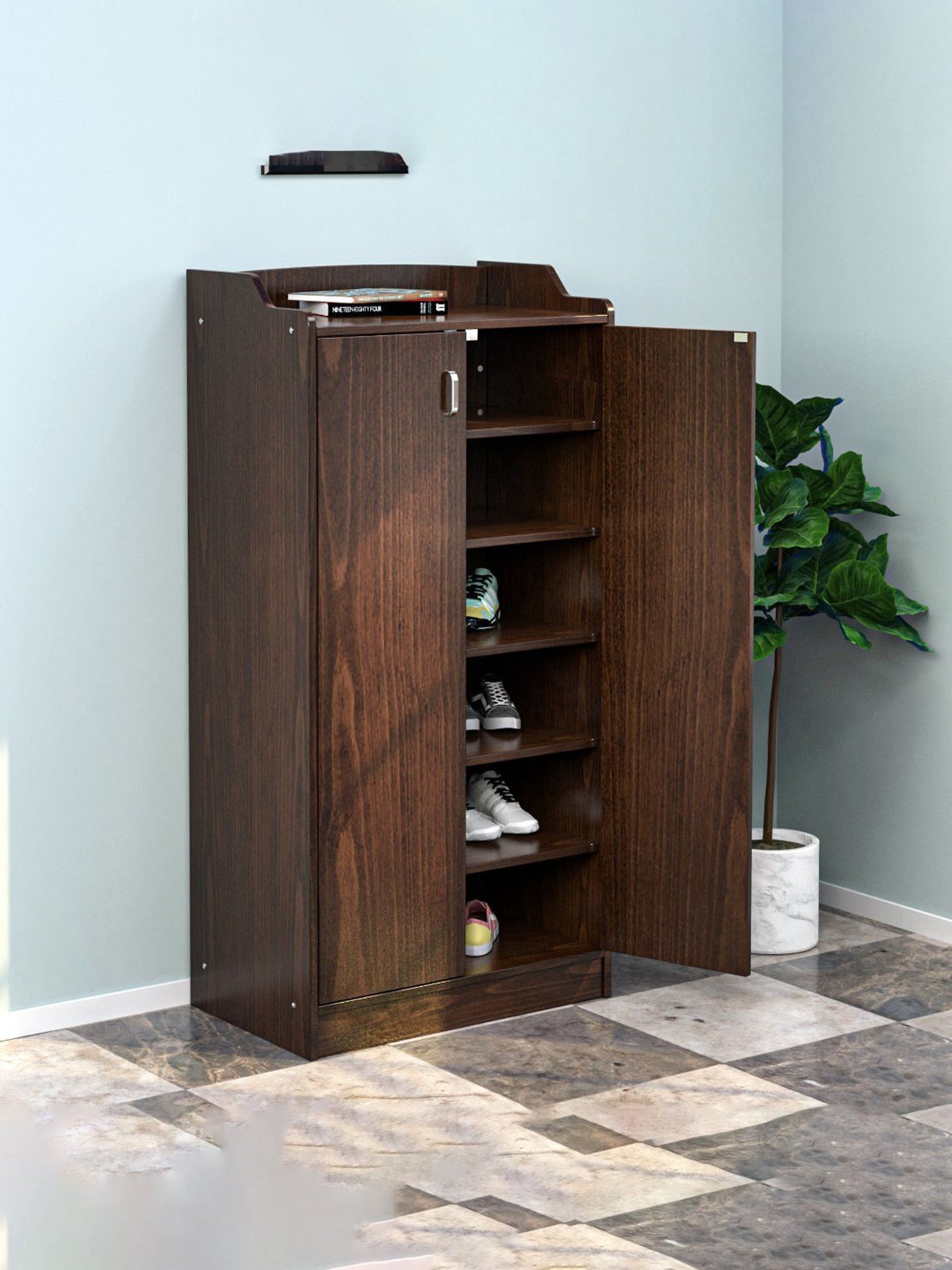 Nilkamal Claymont Walnut Brown Engineered Wood 2 Door Shoe Cabinet with 6 Shelf