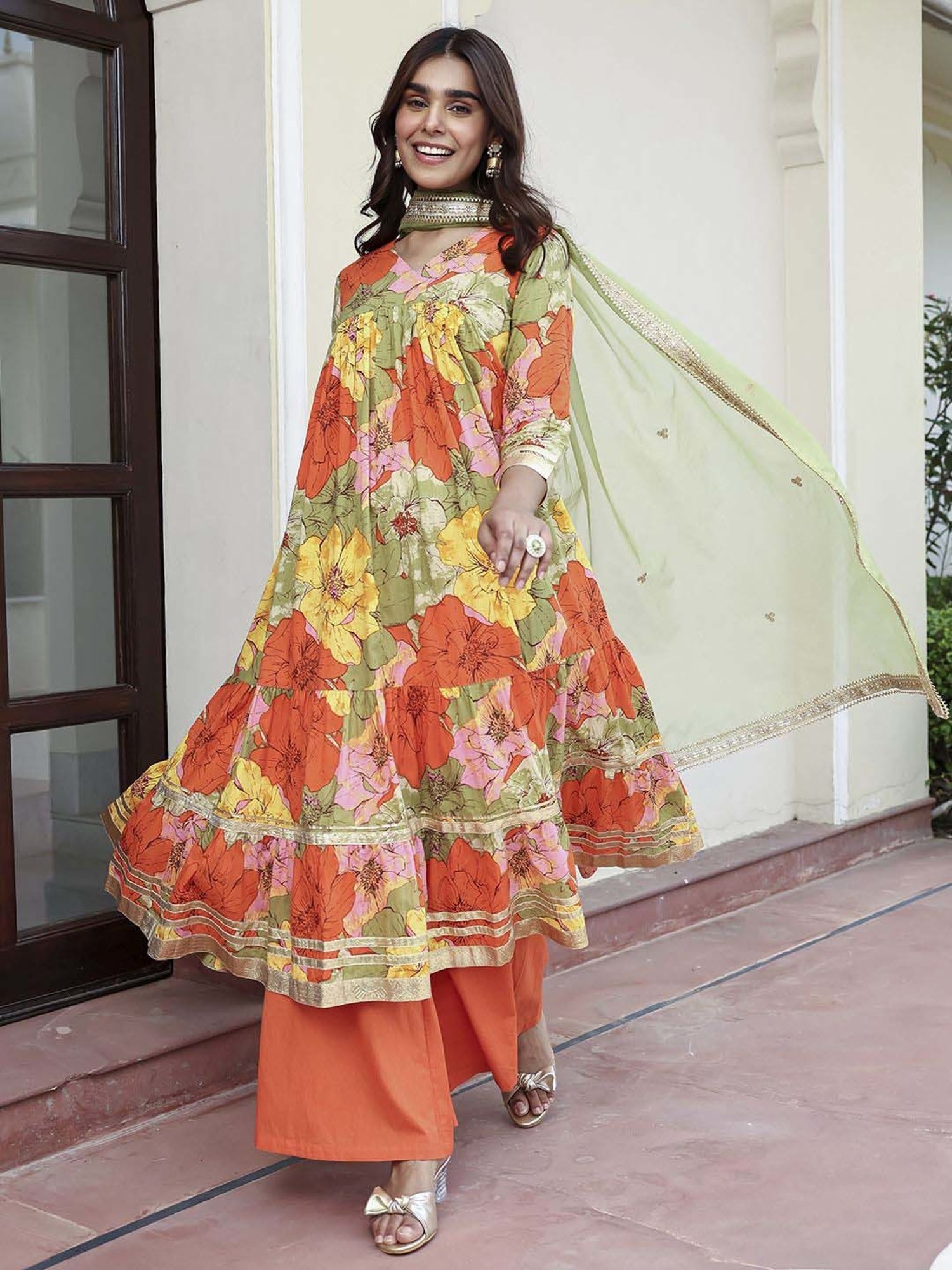 Janasya Multicolored Cotton Floral Print Kurta & Palazzo Set With Dupatta