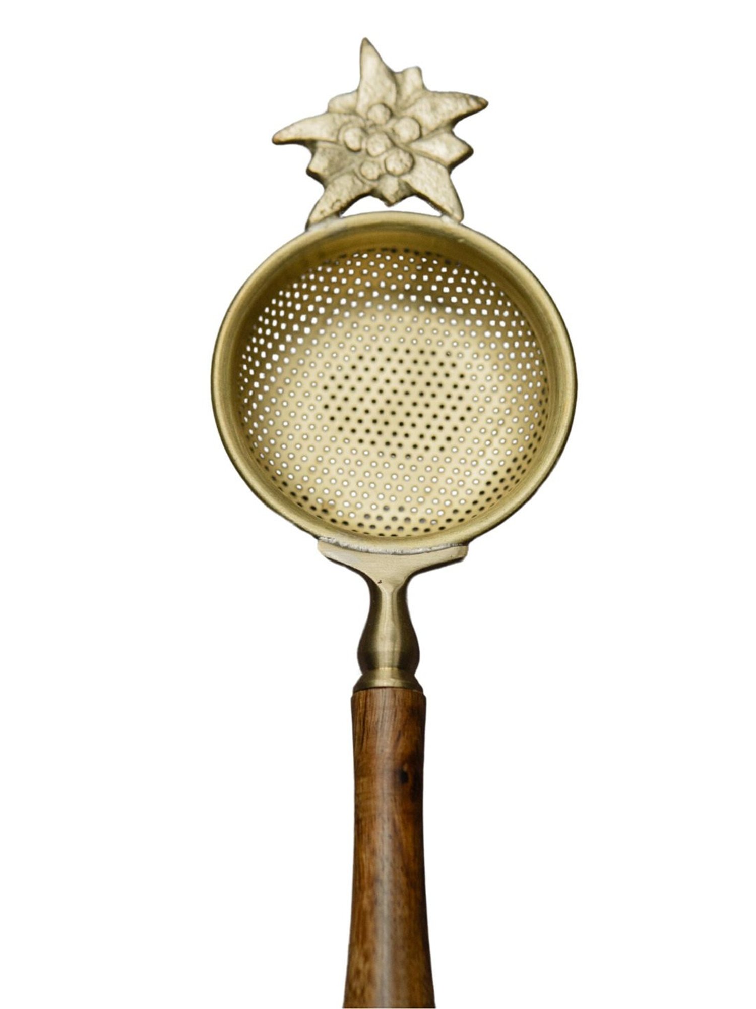 Ambi Gold Flower Matte Finish Brass Medium Sized Tea Strainer 2 Piece Set With Wooden Holder