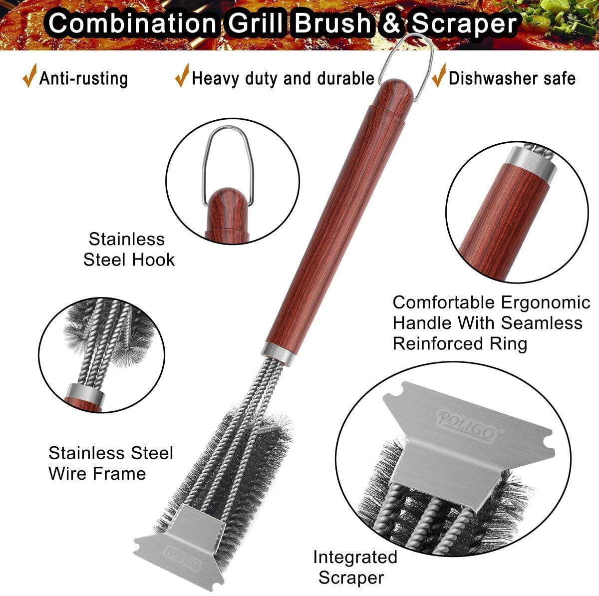 POLIGO 7PCS Golf-Club Style Grill Tools Kit with Storage Bag Bundle with 18" Safe Wire Grill Brush and Scraper for All Barbecue Grills - Ideal Grilling Gifts for Men Women on Birthday Christmas