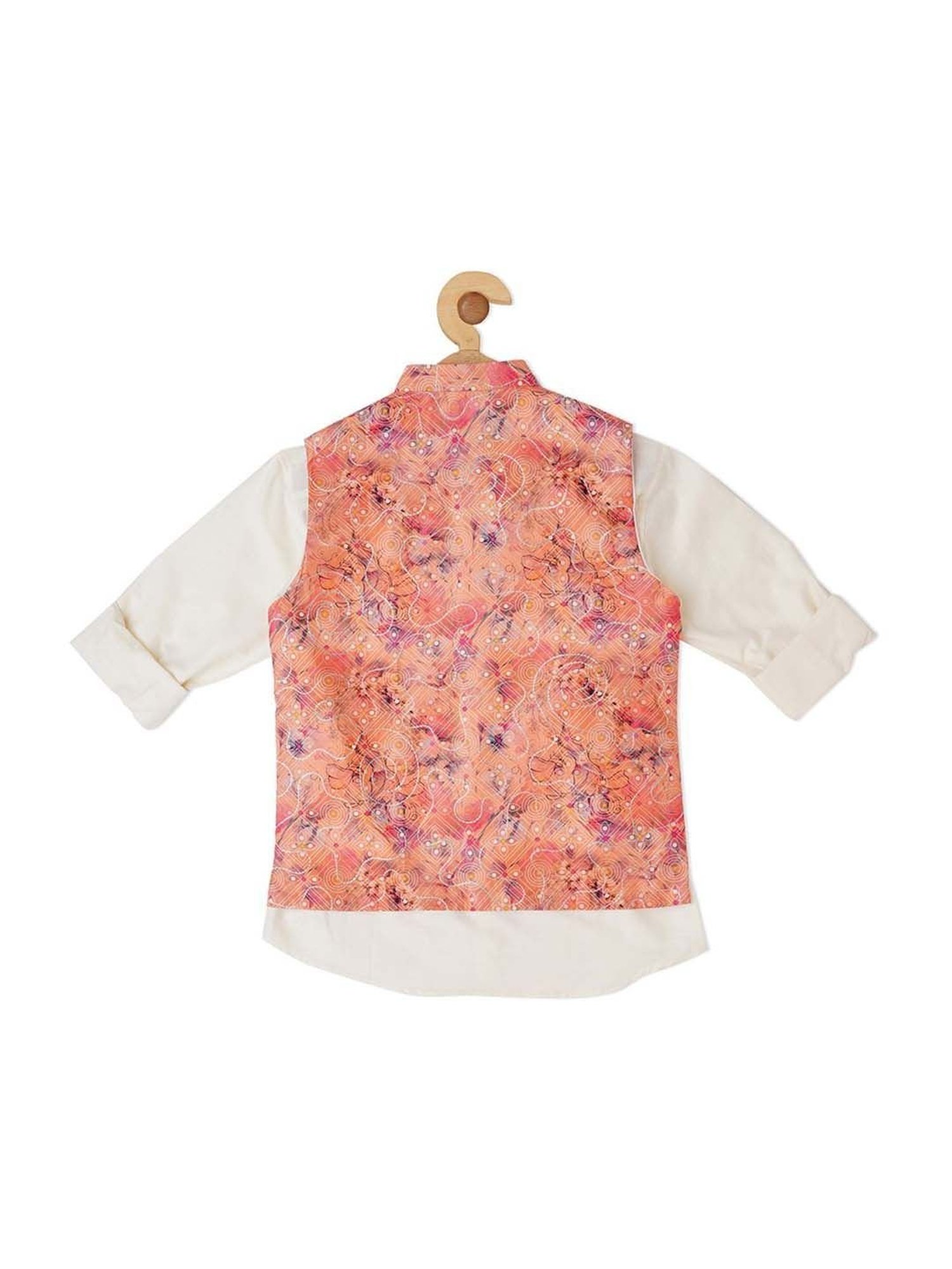 Cavio Kids Peach & White Cotton Embellished Shirt Set