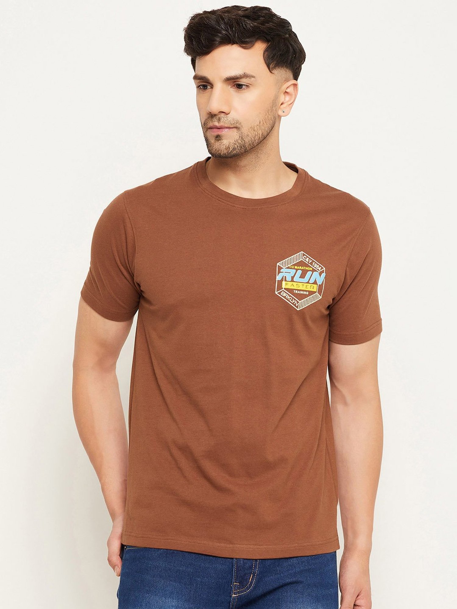 Club York Coffee Brown Regular Fit Printed Crew T-Shirt
