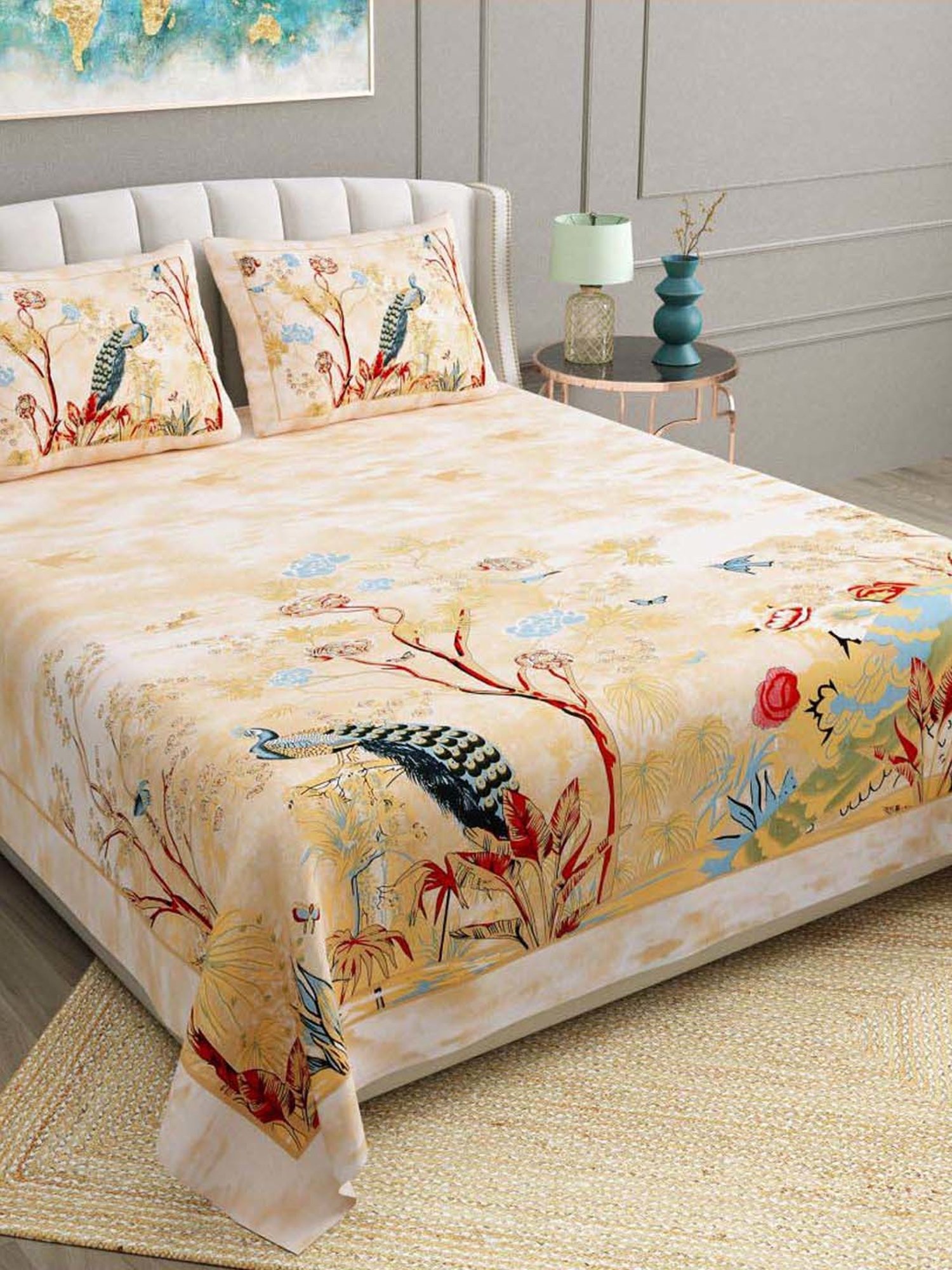 BELLA CASA Ethnic Collection Yellow Cotton 180 TC King Bedsheet with 2 Pillow Covers