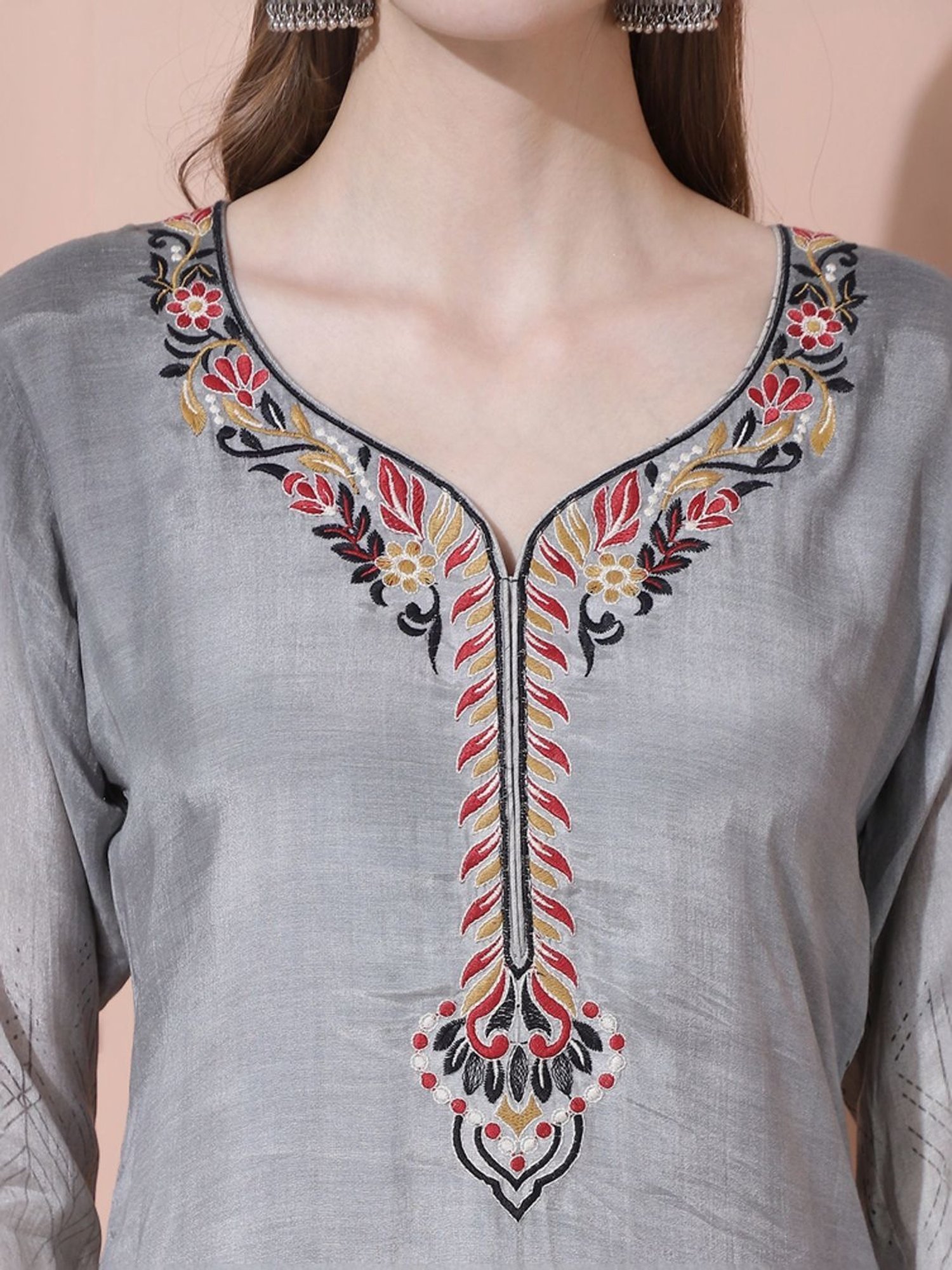 Stylee LIFESTYLE Grey Embroidered Unstitched Dress Material