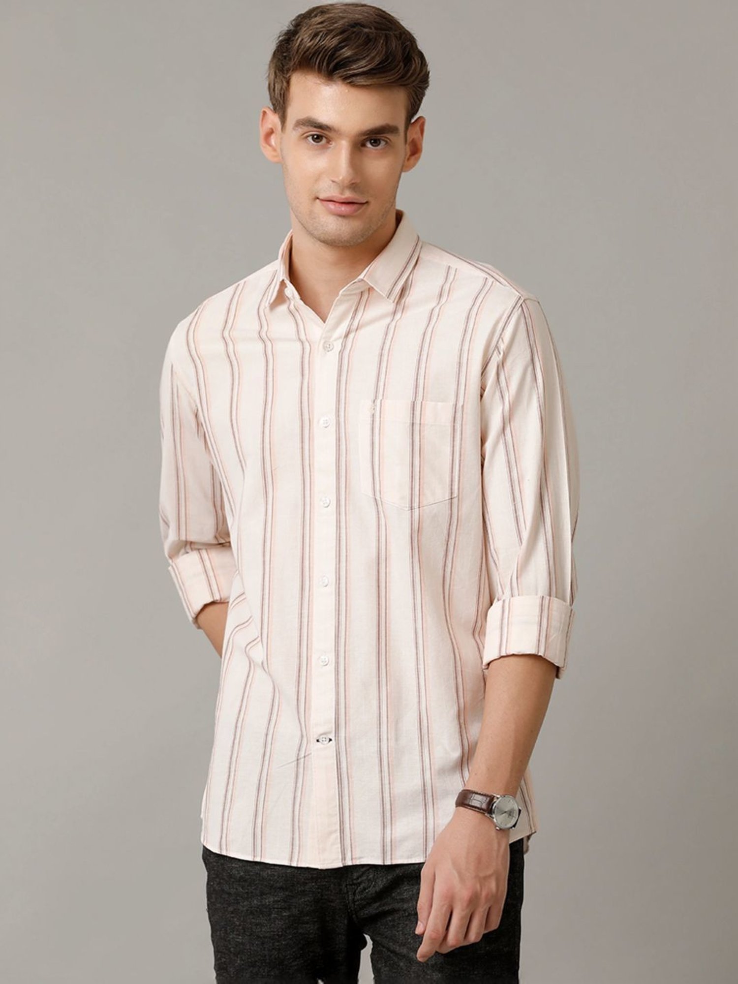 Cavallo By Linen Club Pink Linen Contemporary Fit Striped Shirt