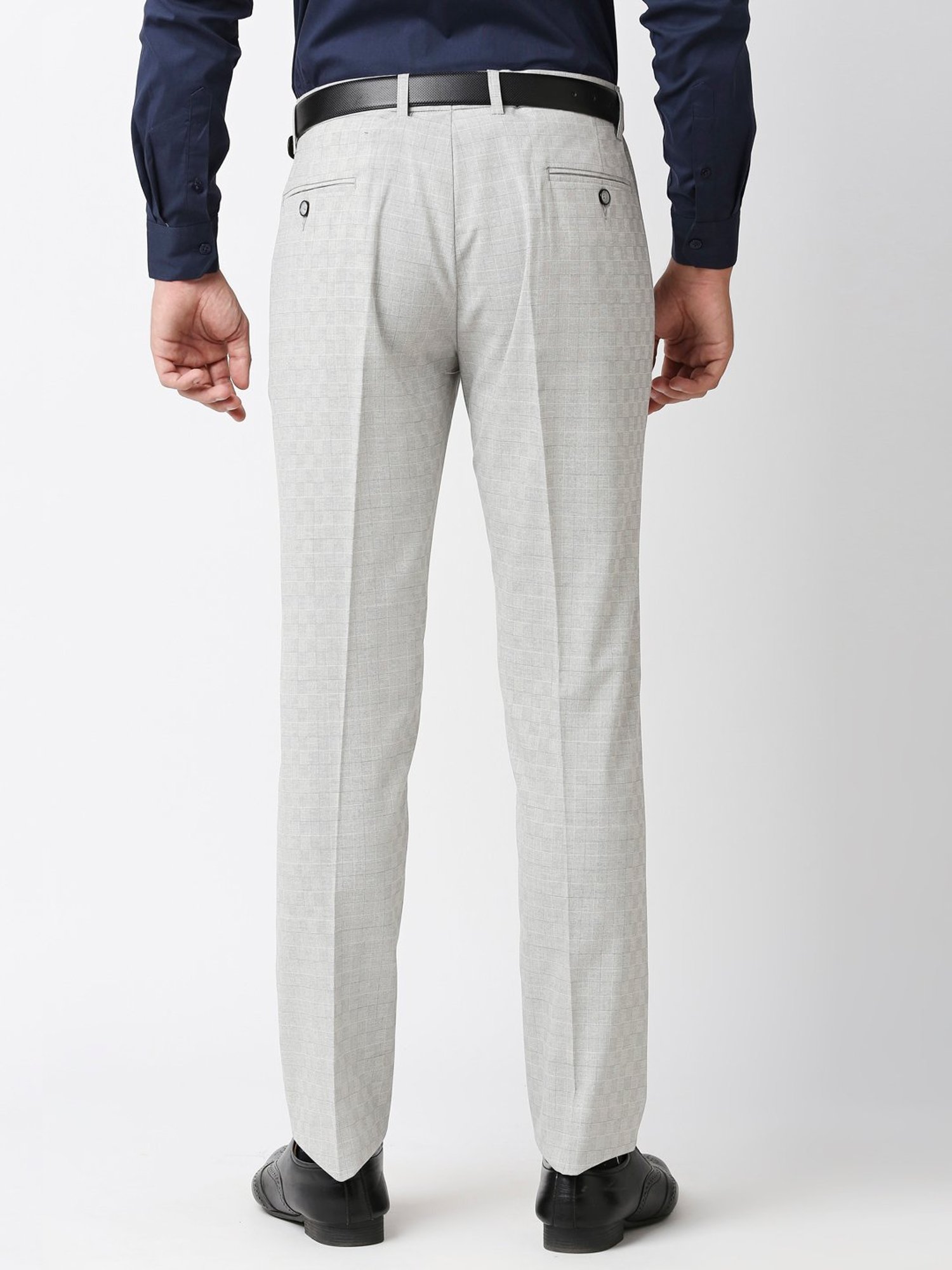 SOLEMIO Light Grey Slim Fit Check Flat Front Trousers