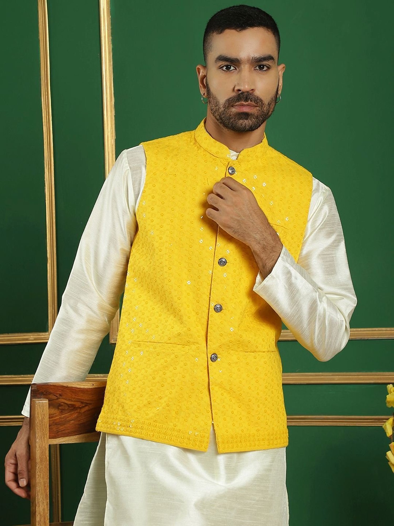Jompers Yellow Regular Fit Embroidered Nehru Jacket