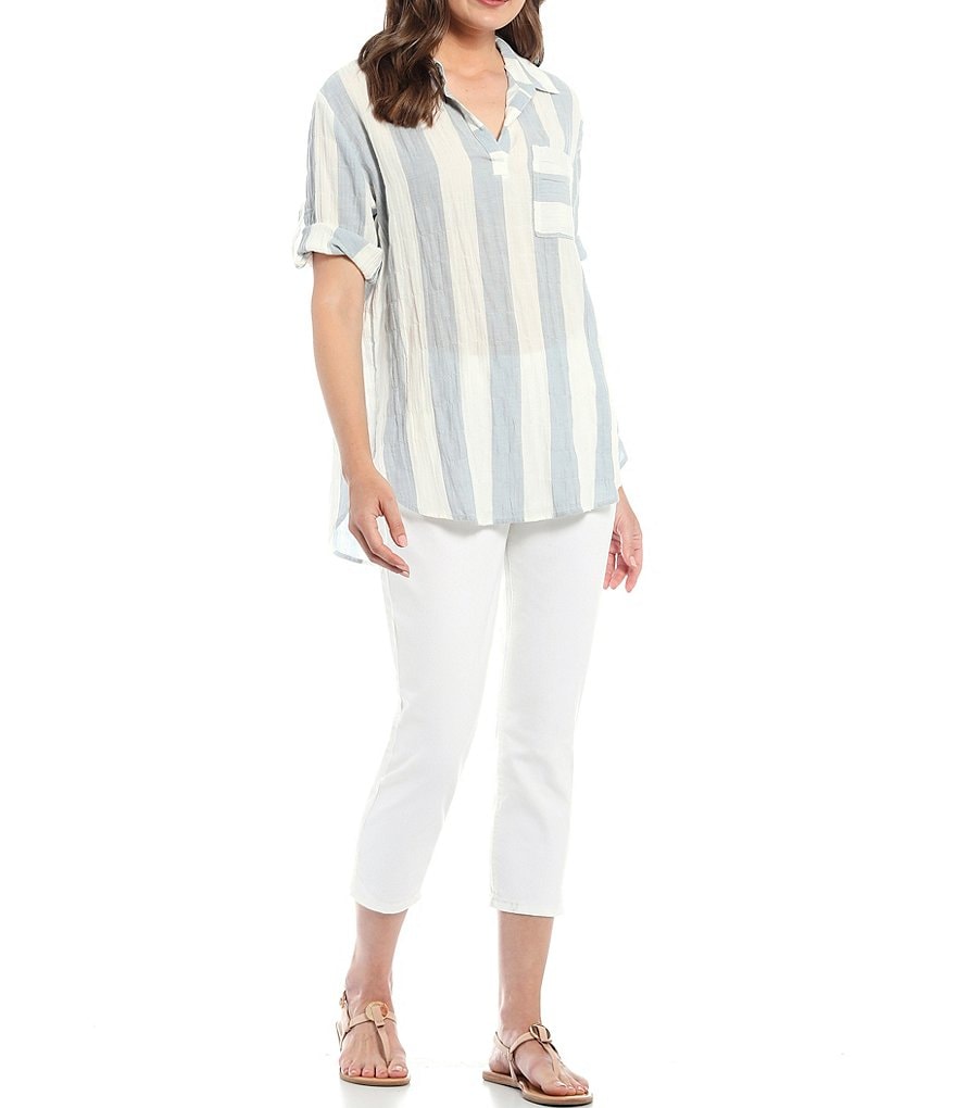 Westbound Striped Roll Sleeve Y-Neck Popover Top