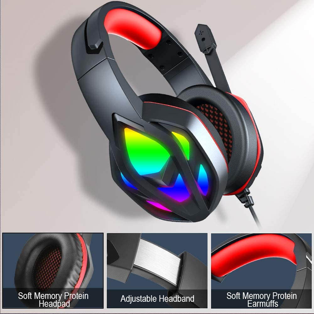 Wired Gaming Headset for PC Xbox One, Over Ear Headphones with Color Changing LED Light, Gaming Headphones for PS4 PS5 Laptop Mac, Stereo Mic Surround Sound, 3.5mm Audio Jack, Foam Ear Pads, Black Red