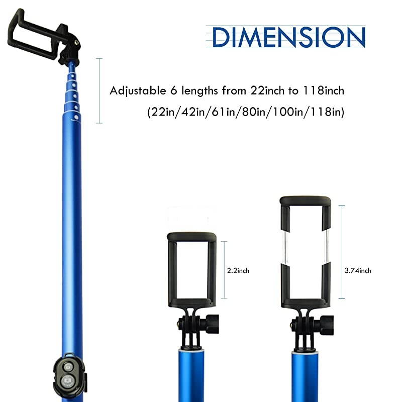 Long Selfie Stick Super Length Lightweight Extendable Pole from 20 to 118 Builtin Wireless Remote Shutter Grip Holder Mount Compatible iPhone Samsung Android Cell PhoneBlue