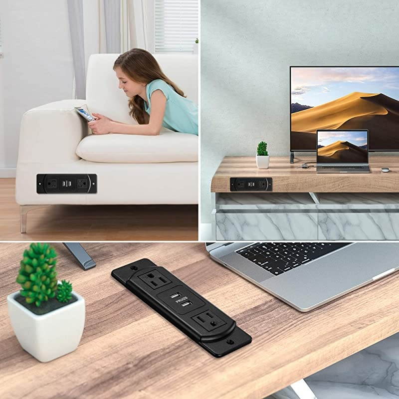 Conference Recessed Power Strip Socket with USB Ports  Desktop Power Grommet Table Power Strip Desktop Charging Station with 2Outlets and 2 USB Ports 10Ft Extension Power Cord